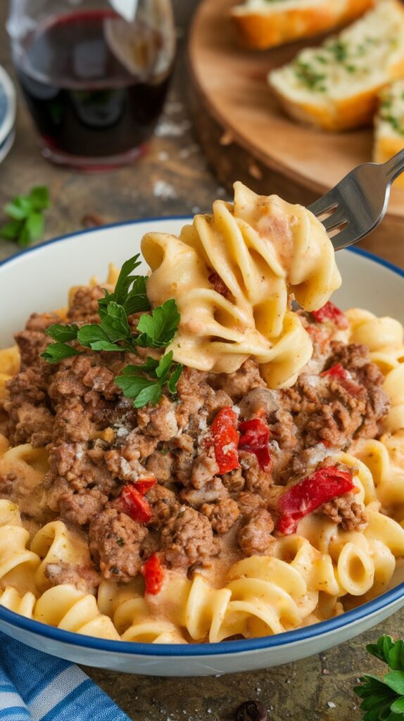 This creamy pasta with meat and cream cheese is your answer! It's a delightful fusion of flavors that will leave your taste buds singing.