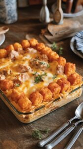 If you're looking for a comforting dish that brings joy to the dinner table, look no further than this cheesy chicken tater tot casserole.