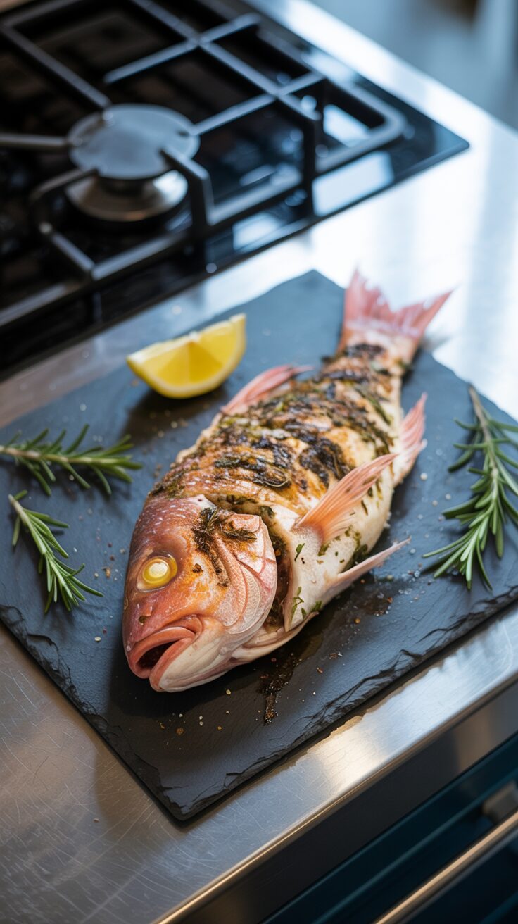 This herb-crusted baked red snapper is just that—succulent, flaky fish, baked to perfection with a blend of fresh herbs and spices.