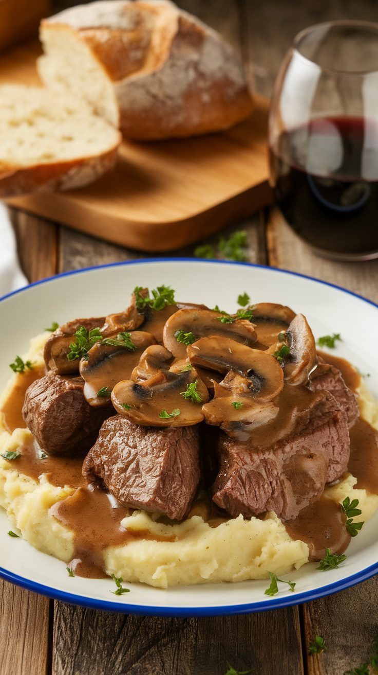 This savory beef tips recipe is just what you need. Tender chunks of beef simmered in a rich mushroom gravy are perfect for cozy family meals