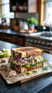 This tuna salad sandwich is perfect for lunch, combining the delightful flavors of tender tuna with creamy mayonnaise and crunchy vegetables.
