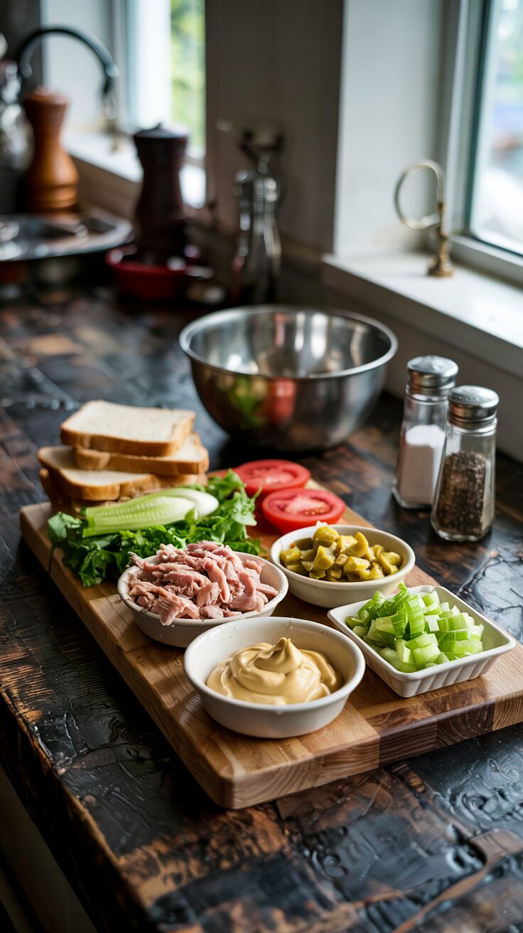This tuna salad sandwich is perfect for lunch, combining the delightful flavors of tender tuna with creamy mayonnaise and crunchy vegetables.