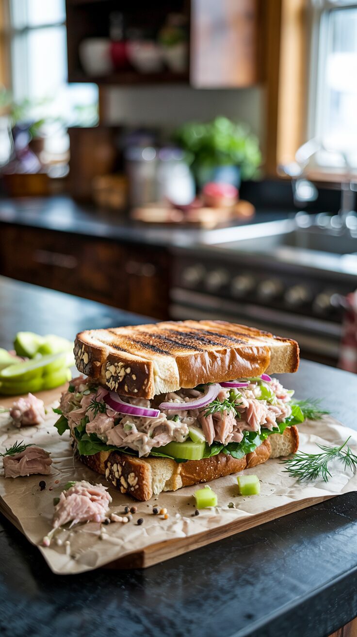 This tuna salad sandwich is perfect for lunch, combining the delightful flavors of tender tuna with creamy mayonnaise and crunchy vegetables.
