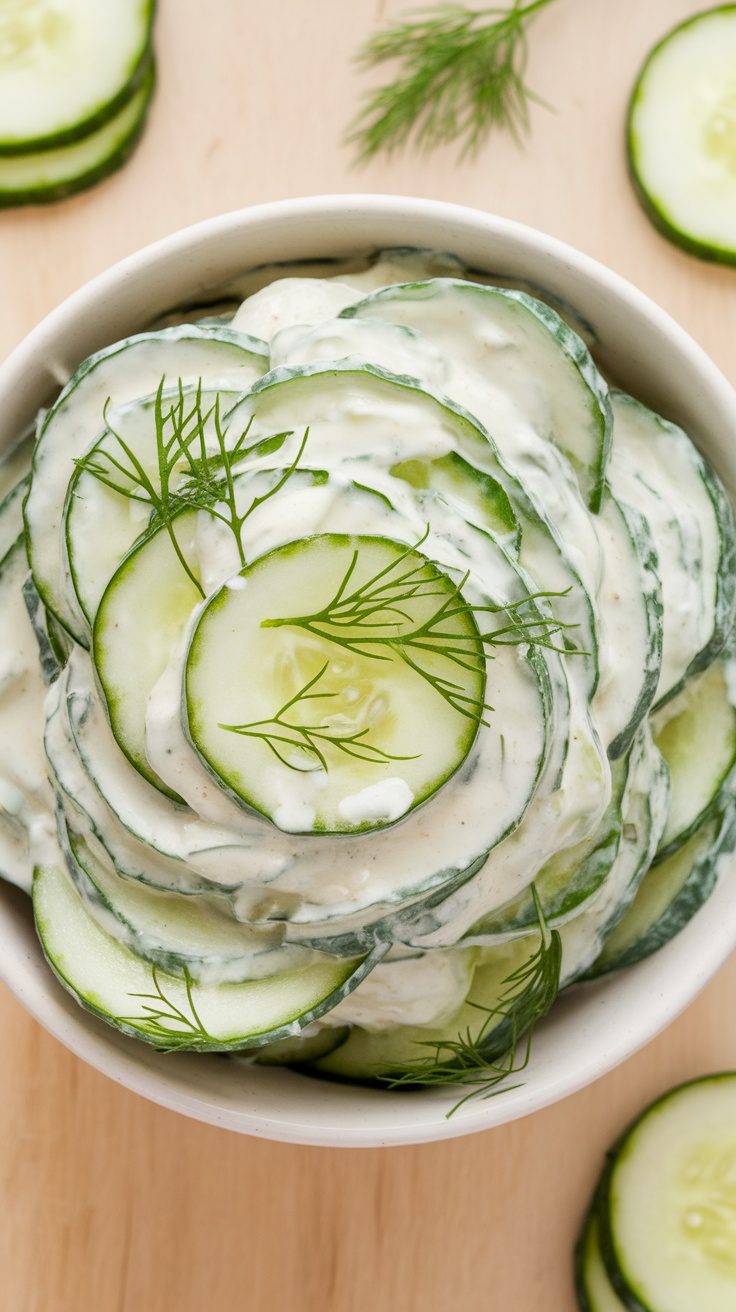 This creamy cucumber salad is a quintessential summer dish that brings a refreshing crunch to your meal. Perfect for picnics or barbecues, it combines crisp cucumbers with a tangy cream dressing