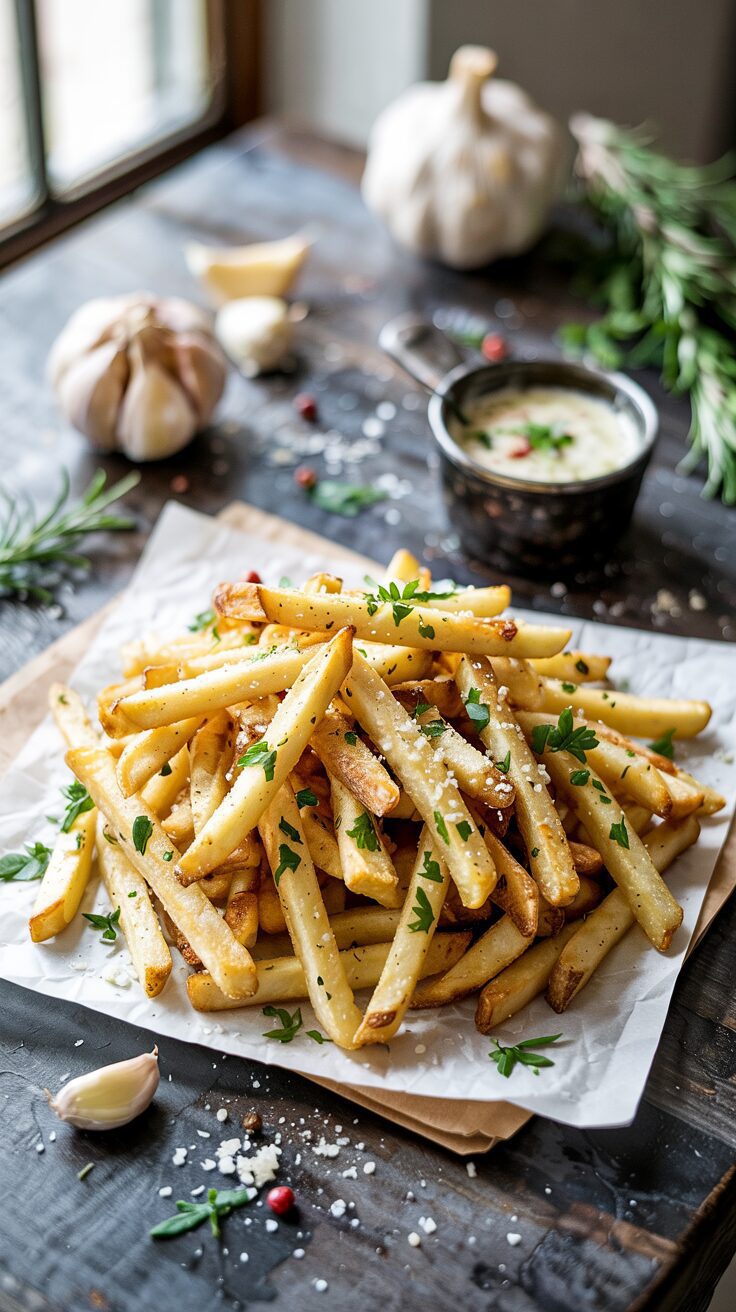 These Crispy Garlic Parmesan French Fries incorporate aromatic garlic and Parmesan cheese for a snack that everyone will love for more.