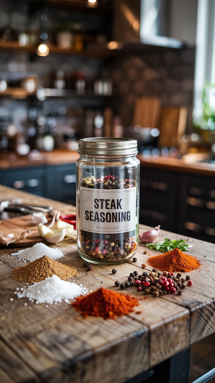 This homemade steak seasoning is just what you need to elevate your grilling experience. It combines a blend of spices that perfectly complements the rich, savory flavor of the meat.