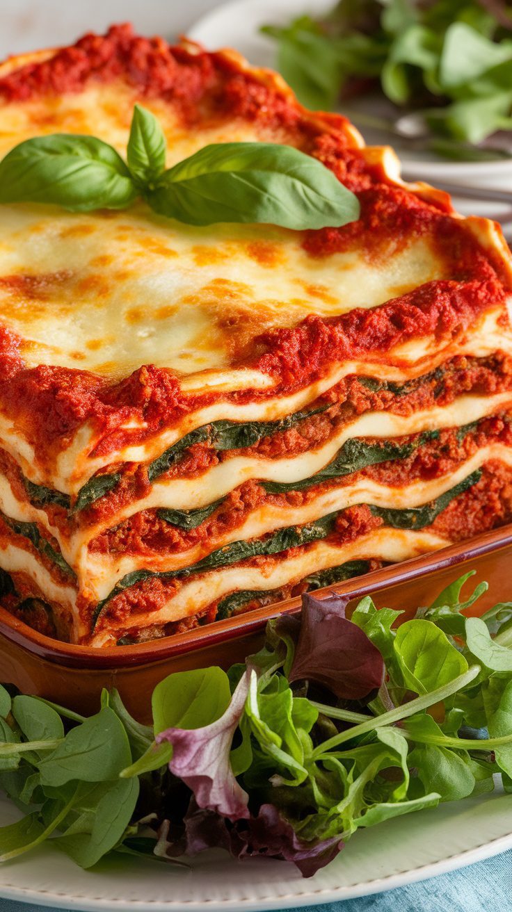 This lasagna takes the traditional recipe you know and love and adds a delightful twist with fresh spinach and creamy ricotta.