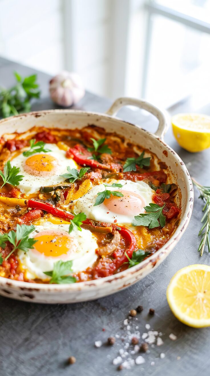 This Mediterranean Shakshuka is a vibrant, flavor-packed dish featuring poached eggs nestled in a rich, spiced, delicious, easy tomato sauce.