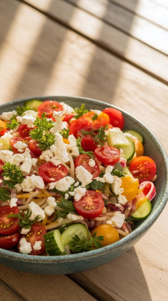 This Mediterranean Summer Noodle Salad is just the ticket. With vibrant flavors and colorful ingredients, it's perfect for picnics, barbecues, or as a quick lunch at home.