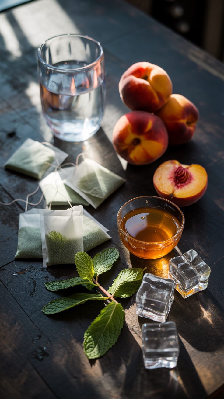 This Peach Green Iced Tea is your new favorite! It's a delightful blend of green tea & juicy peaches, perfect for cooling off on a sunny day
