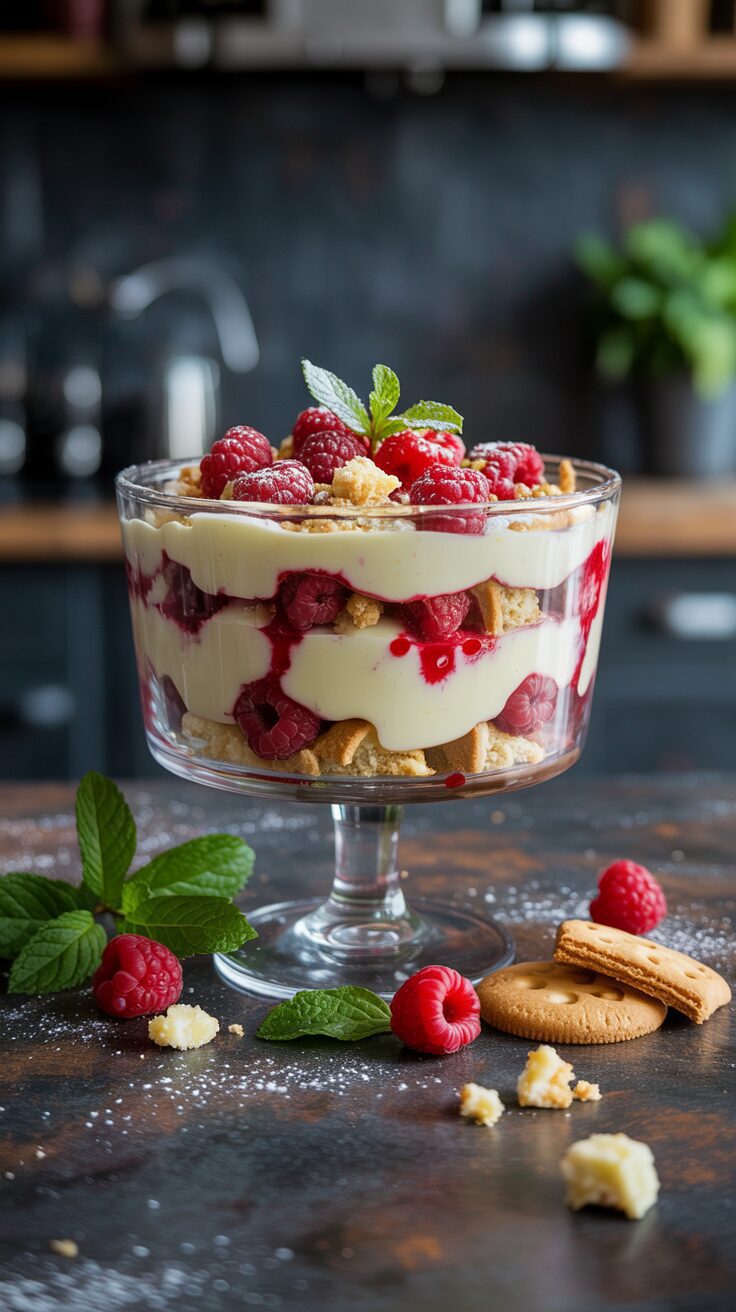 This raspberry white chocolate trifle is perfect! Whipped cream, tart raspberries, and white chocolate make are a must-have for any gathering