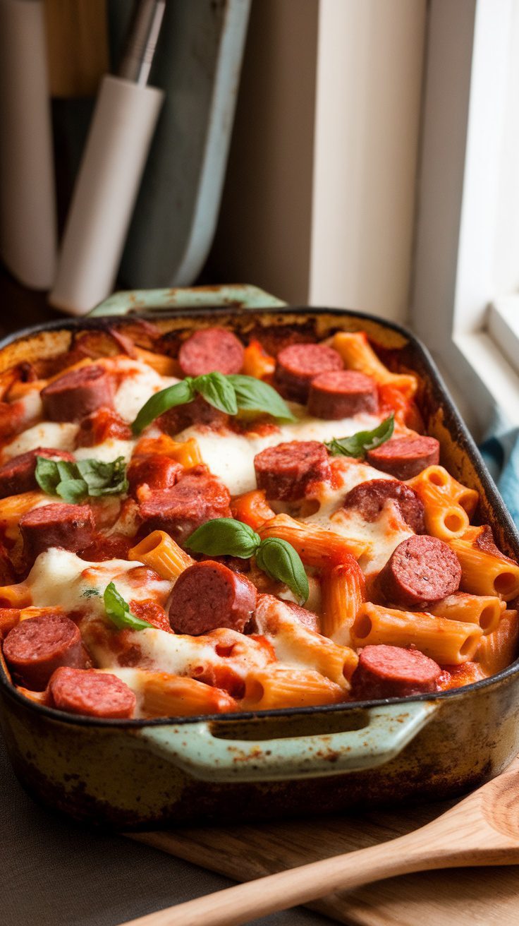 This Savory Sausage Rigatoni Bake is the perfect comforting pasta dish that combines hearty sausage with a rich tomato sauce.