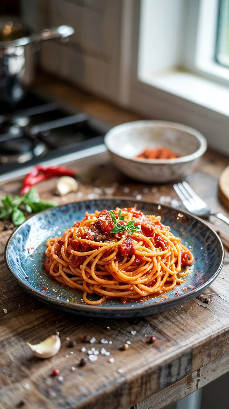 This delicious Spaghetti Arrabbiata adds a velvety twist that elevates the flavors and brings a new dimension to your dinner table.