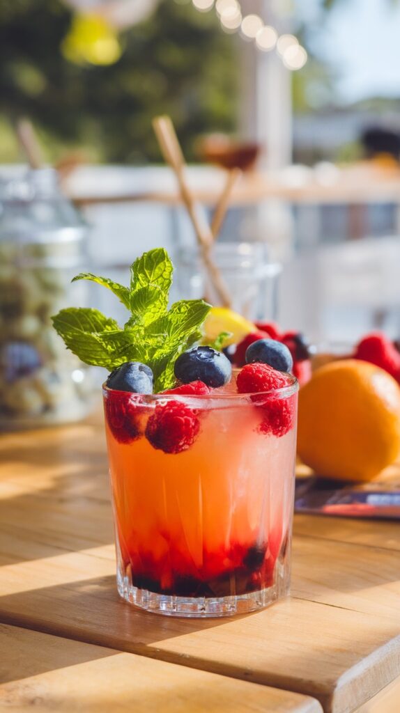 This colorful non-alcoholic mocktail is bursting with citrus and berry flavors that will lift your spirits.