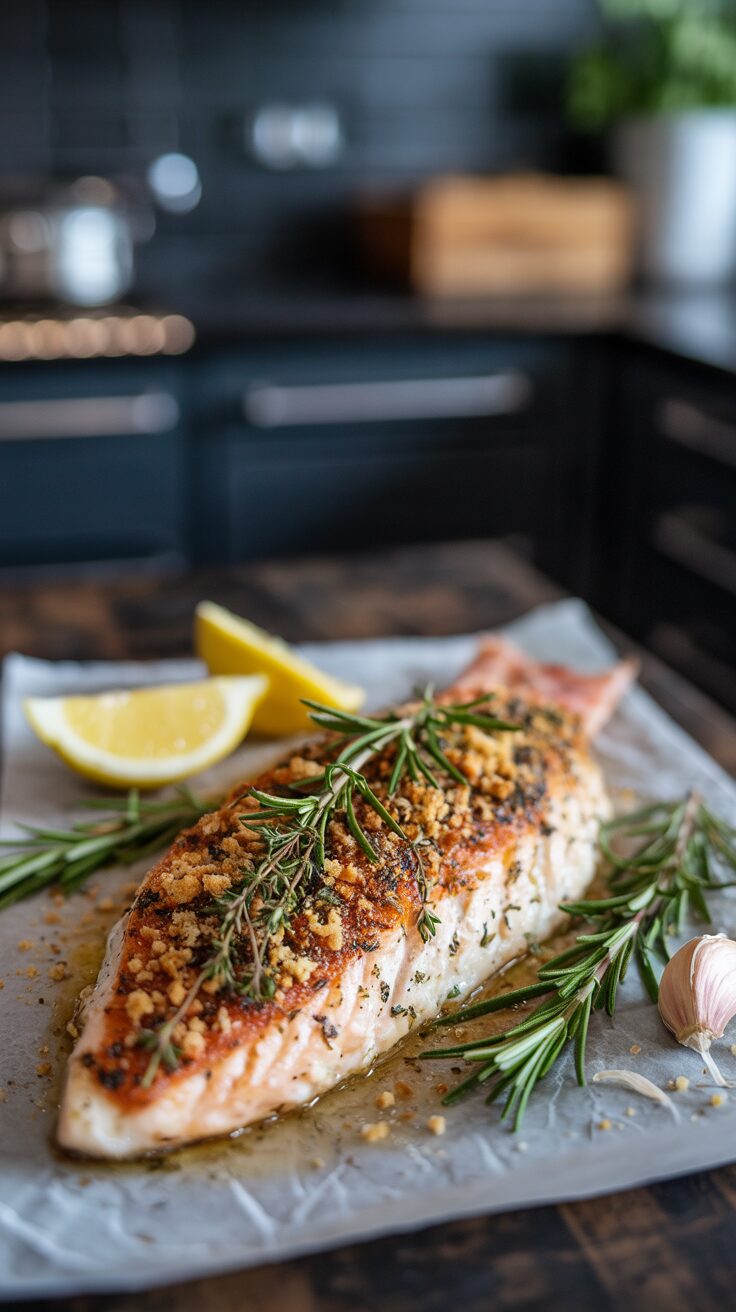 This herb-crusted baked red snapper is just that—succulent, flaky fish, baked to perfection with a blend of fresh herbs and spices.