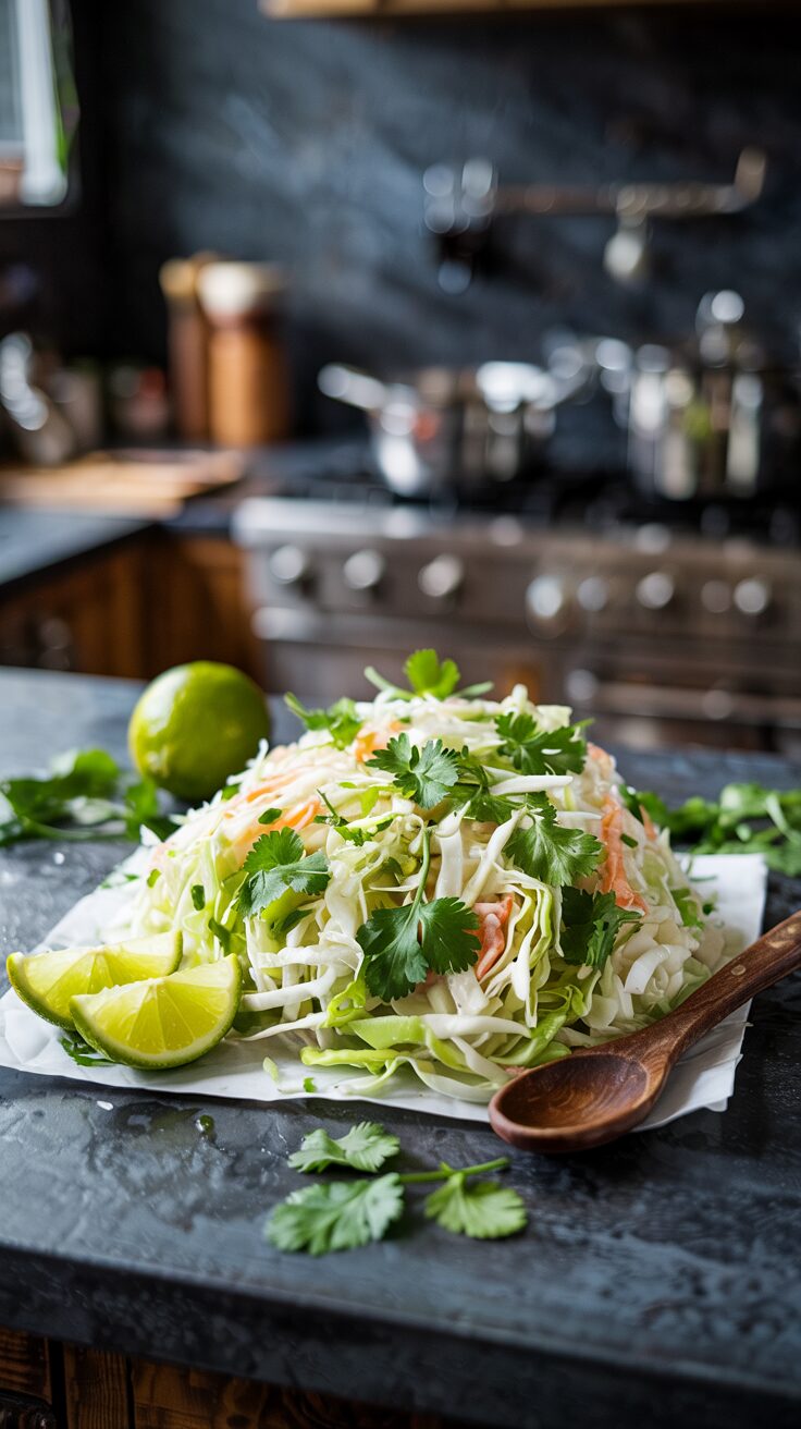 This beautiful and delicious lime cilantro slaw is perfect for barbecues or as a topping for tacos, and complements just about any meal.