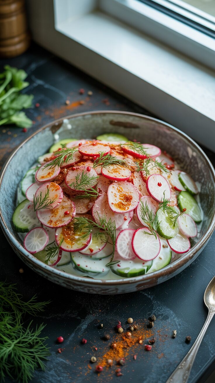 This cucumber and radish salad is the perfect crunch from fresh radishes and the refreshing taste of cucumber to brighten up any meal.