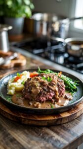 The Salisbury Steak is a classic dish that combines seasoned ground beef formed into patties and smothered in a rich, savory mushroom gravy.
