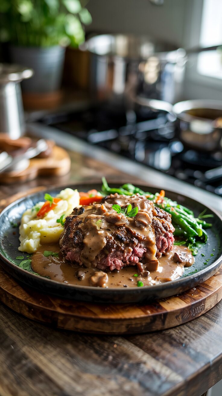 The Salisbury Steak is a classic dish that combines seasoned ground beef formed into patties and smothered in a rich, savory mushroom gravy.