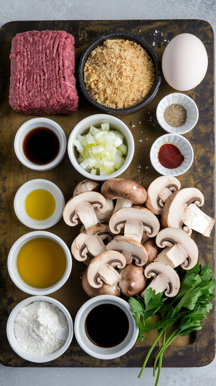The Salisbury Steak is a classic dish that combines seasoned ground beef formed into patties and smothered in a rich, savory mushroom gravy.