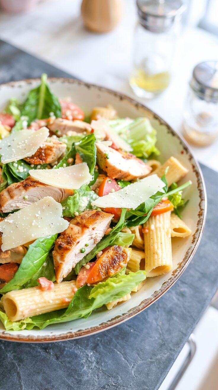 This chicken caesar pasta salad is the perfect blend of flavors - perfectly cooked pasta with chicken, romaine, and a creamy Caesar dressing.