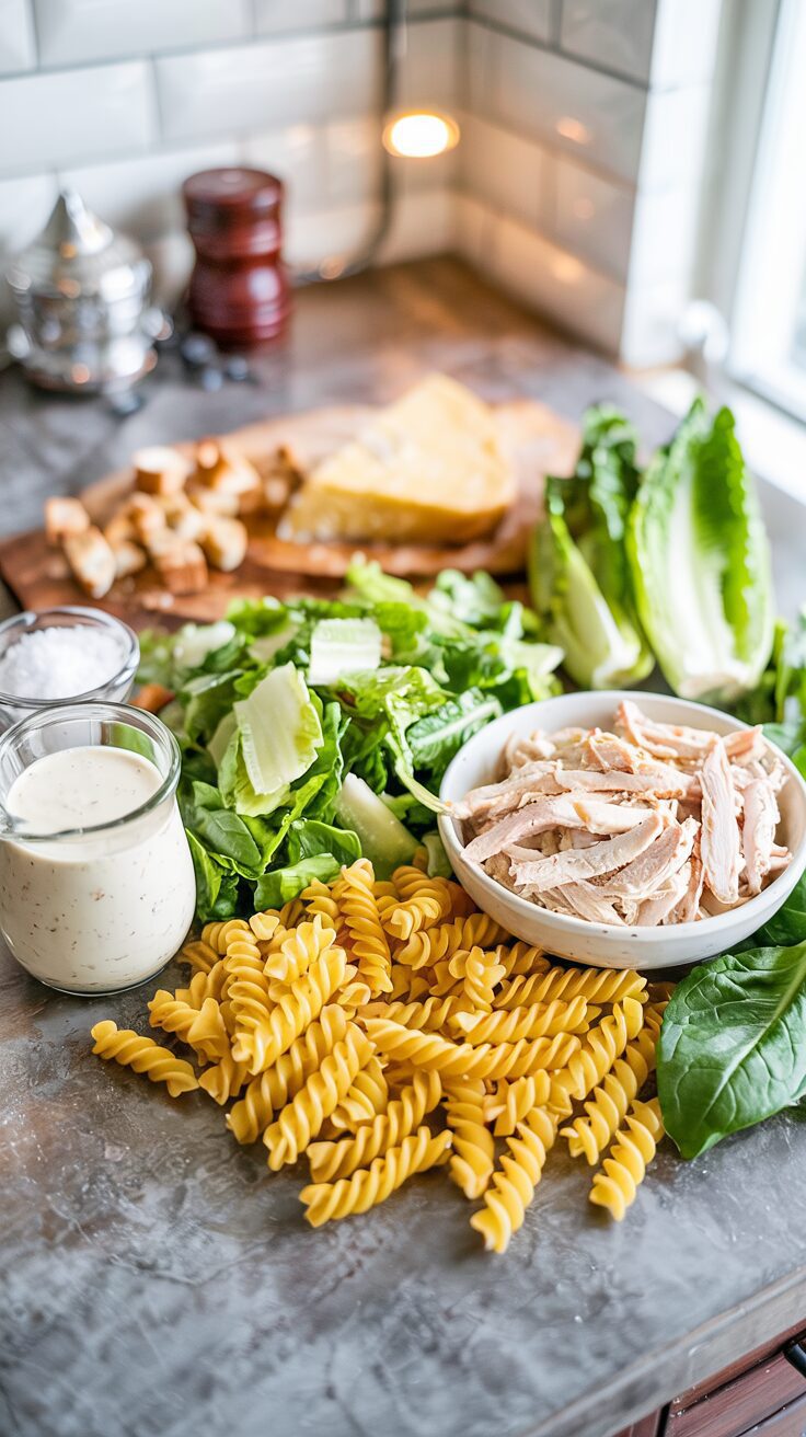 This chicken caesar pasta salad is the perfect blend of flavors - perfectly cooked pasta with chicken, romaine, and a creamy Caesar dressing.