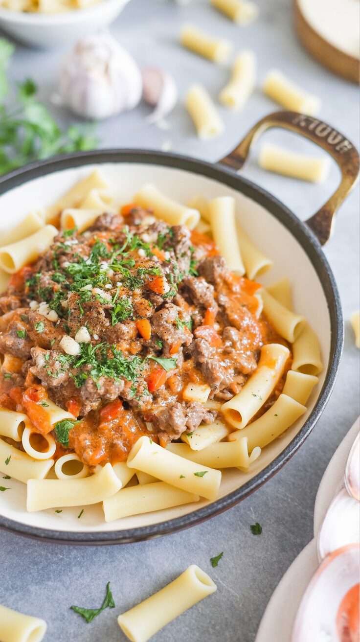 Ground Beef Stroganoff is a delicious, hearty and comforting dish that combines tender beef with a creamy sauce, served over egg noodles.