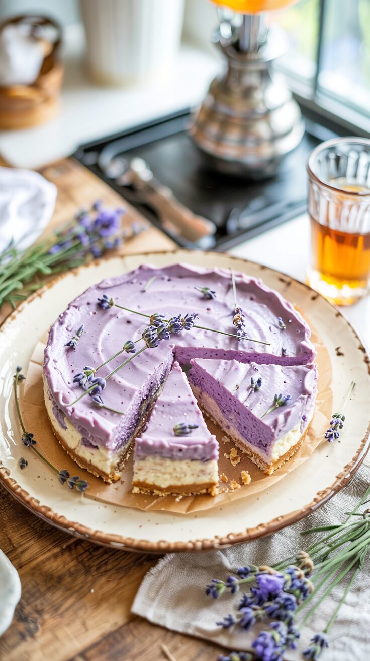 This lavender cheesecake is a delightful dessert that combines the creamy richness of cheesecake with the subtle floral notes of lavender.