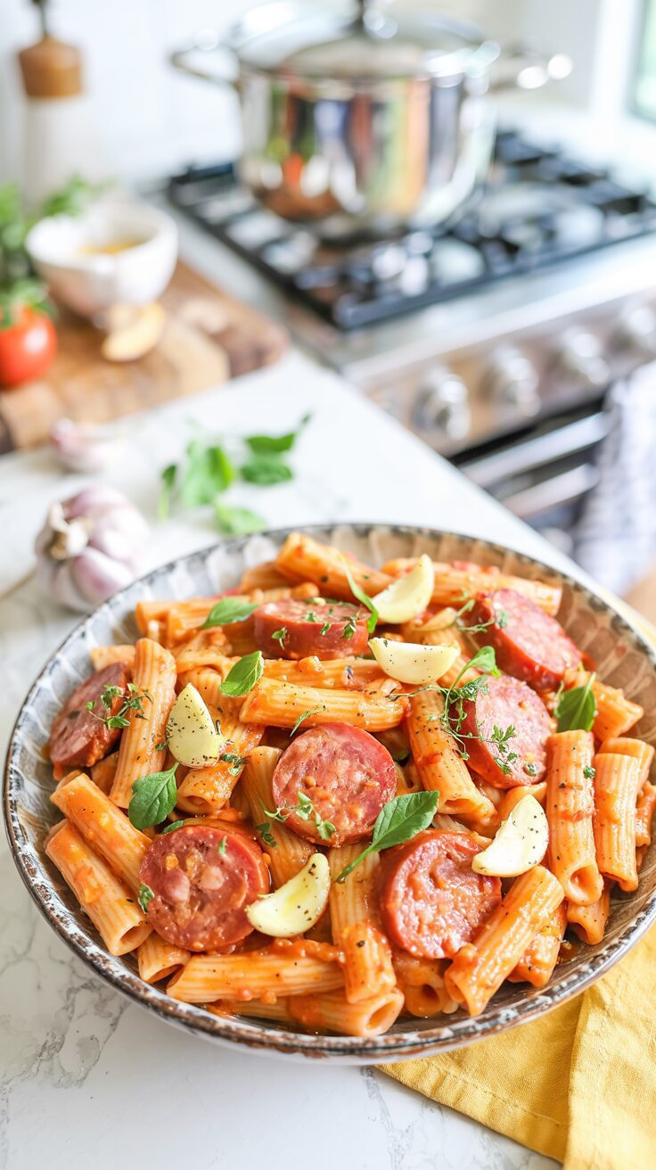 This One Pot Kielbasa Pasta is a dish that combines the savory taste of Polska Kielbasa with pasta, making it perfect for busy weeknights.
