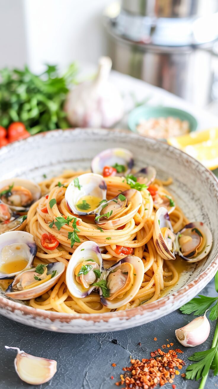Spaghetti alle Vongole is a classic Italian dish featuring spaghetti tossed with fresh clams, garlic, more spices and a hint of white wine.