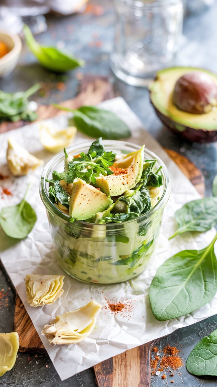This Spinach and Artichoke Avocado Dip is a delicious treat and perfect for serving as a party food idea that everyone will love.
