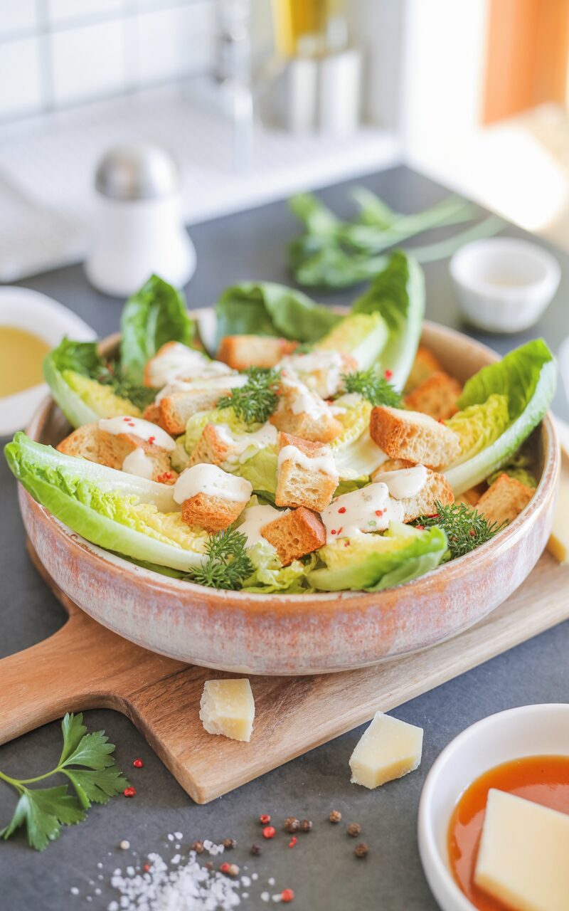 This classic Caesar salad recipe is a delicious timeless favorite that combines crisp romaine lettuce, creamy dressing, and crunchy croutons.