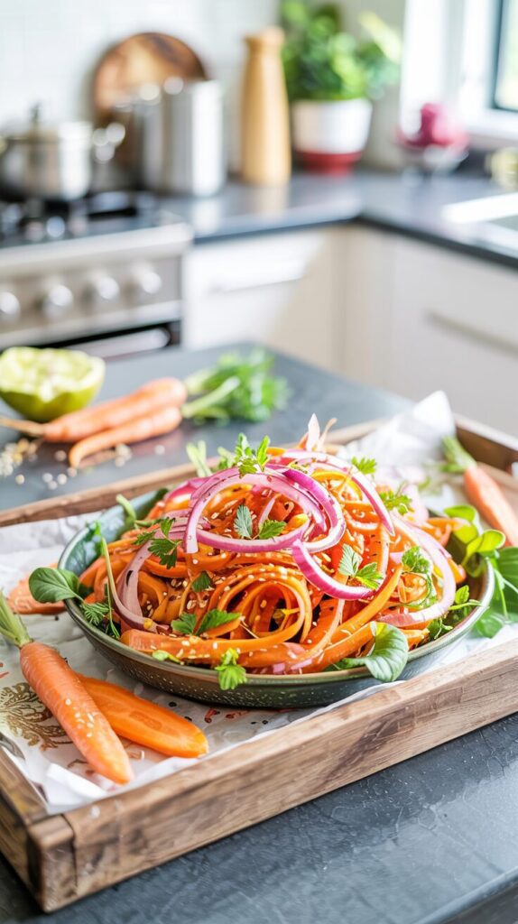 This vibrant carrot ribbon salad is a nutritious and visually appealing dish perfect for a healthy delicious breakfast or light lunch.