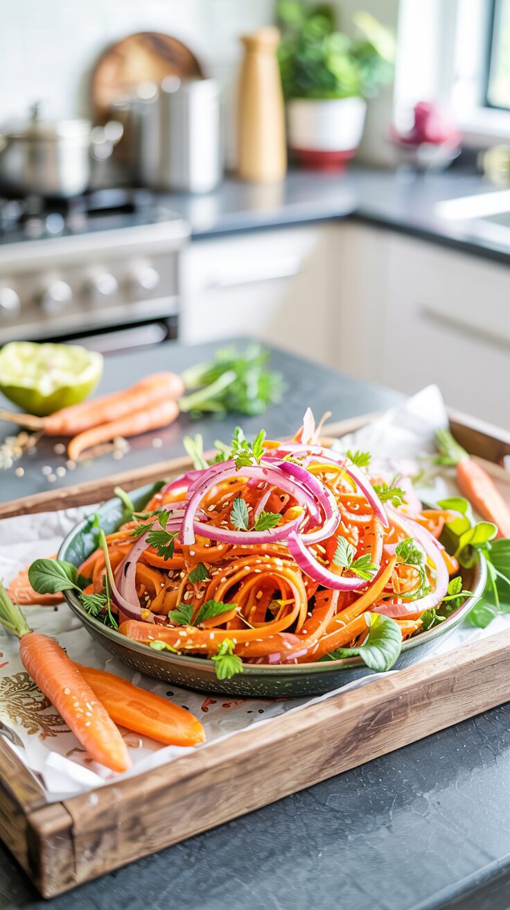 This vibrant carrot ribbon salad is a nutritious and visually appealing dish perfect for a healthy delicious breakfast or light lunch.