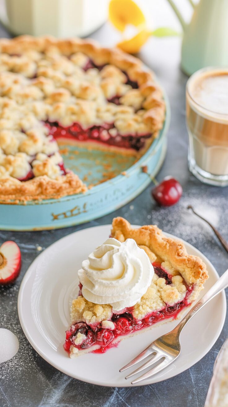 This cherry pie with crumble topping is a delightful dessert that combines the sweet and tart flavors of cherries with a crunchy topping.