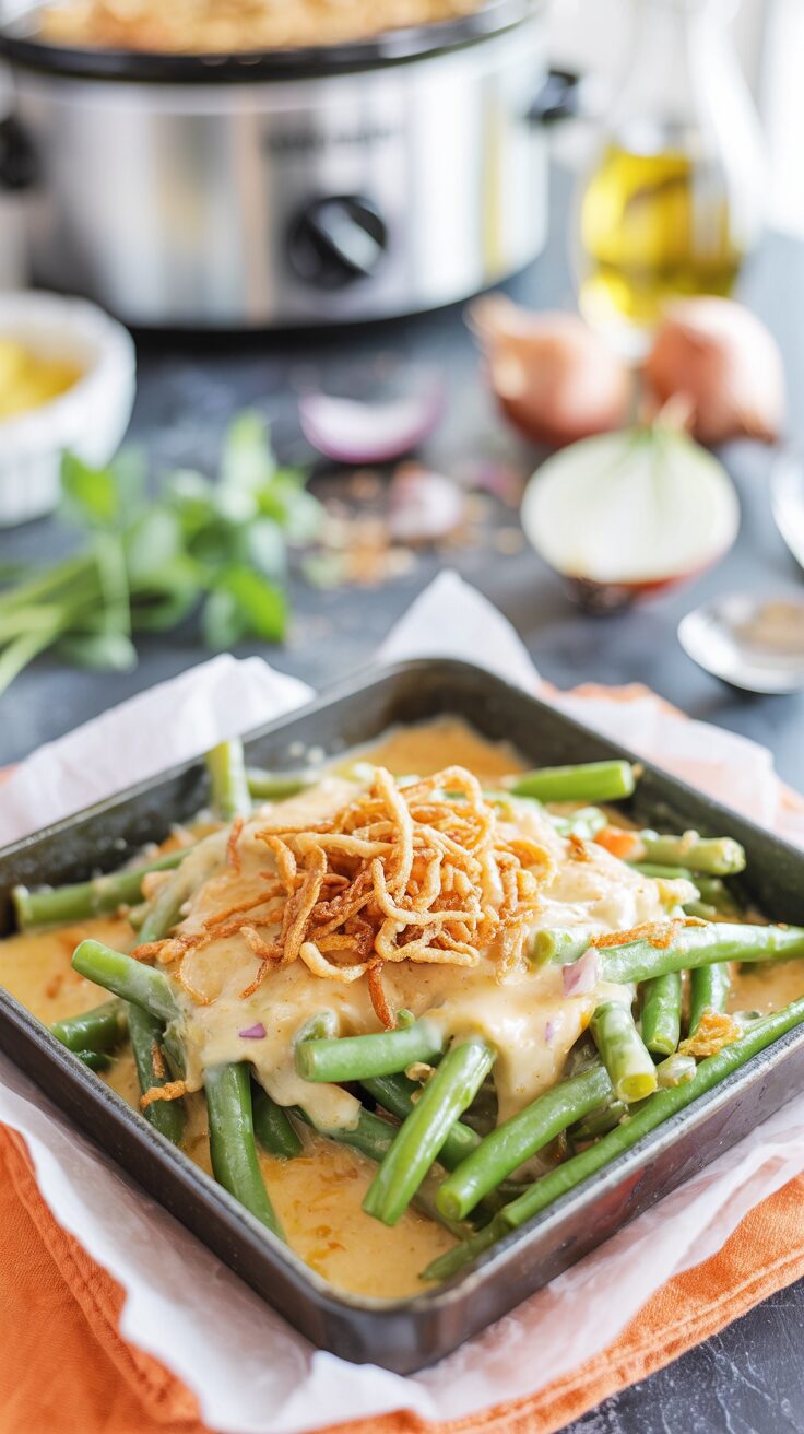This green bean casserole on Crock Pot is a convenient and delicious way to enjoy your veggies and maintain a healthy lifestyle easily.