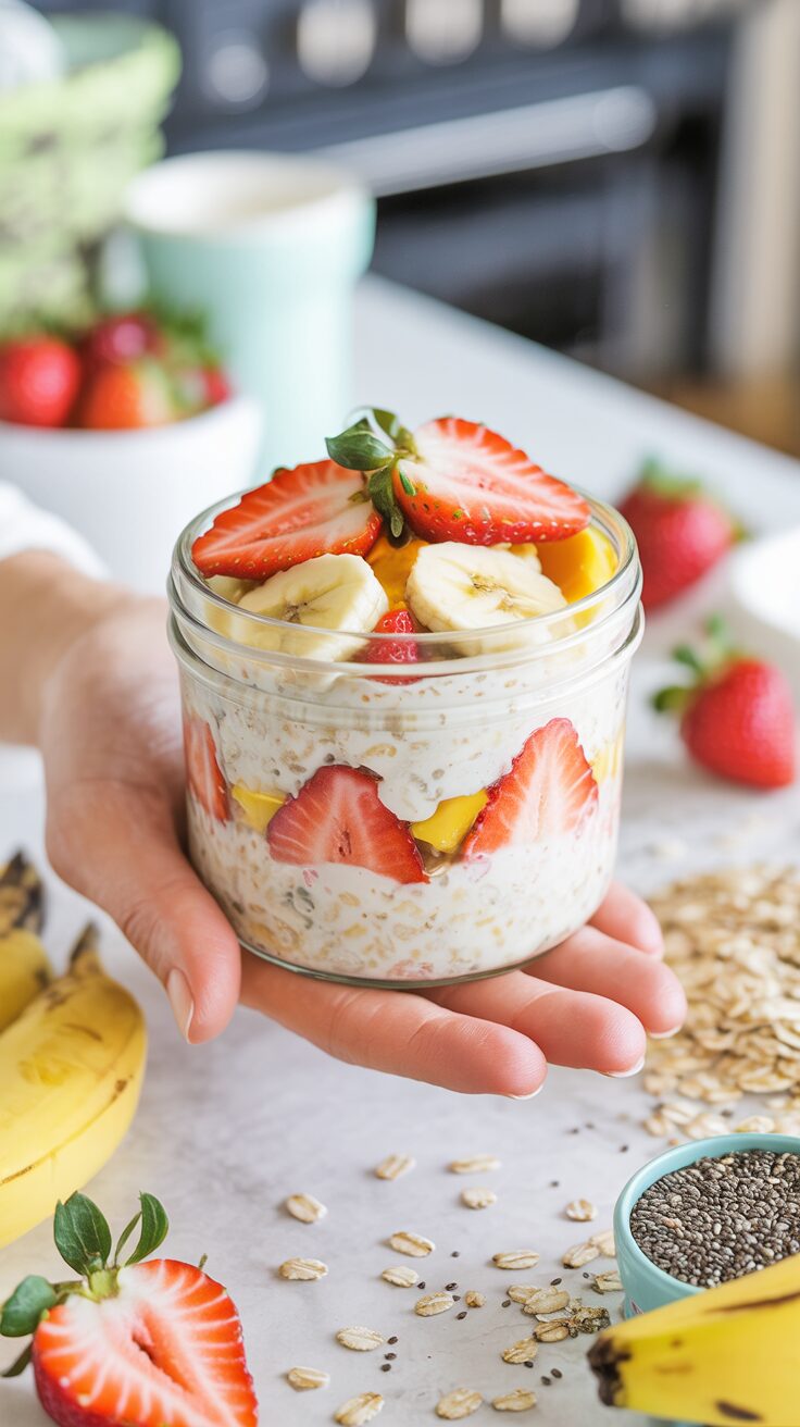 Overnight oats strawberries and cream are a convenient and nutritious breakfast option you'll love and that can be prepared in advance.