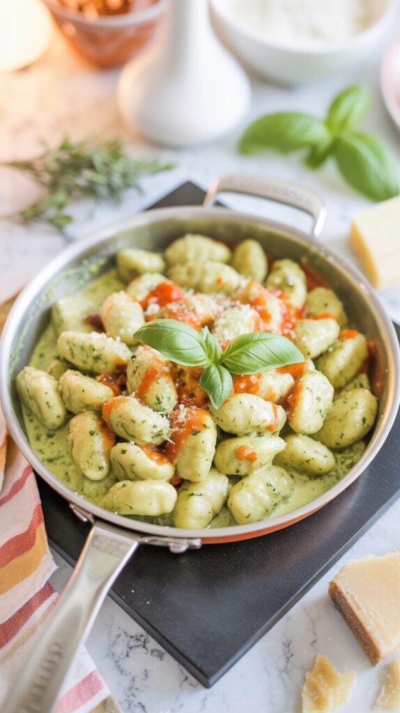 This Easy 30-minute Pesto Gnocchi is a quick and flavorful dish that combines tender cheesy and delicious gnocchi with a creamy pesto sauce.