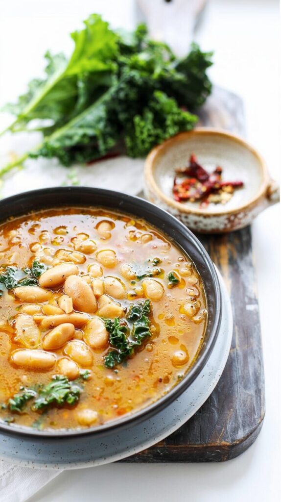 This Tuscan White Bean Soup is a healthy dish that combines the richness of white beans with the freshness of kale. It's a comforting meal.