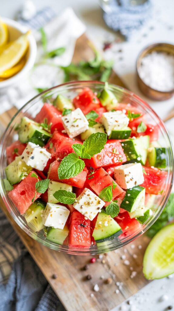 This Watermelon Cucumber Salad with Feta is a refreshing dish perfect for hot summer days, combining watermelon, cucumber, and feta cheese.