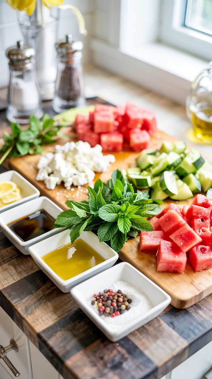 This Watermelon Cucumber Salad with Feta is a refreshing dish perfect for hot summer days, combining watermelon, cucumber, and feta cheese.