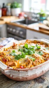 This Easy Chicken Enchilada Casserole combines layers of tortillas, shredded chicken, and cheese for a delicious and satisfying meal.