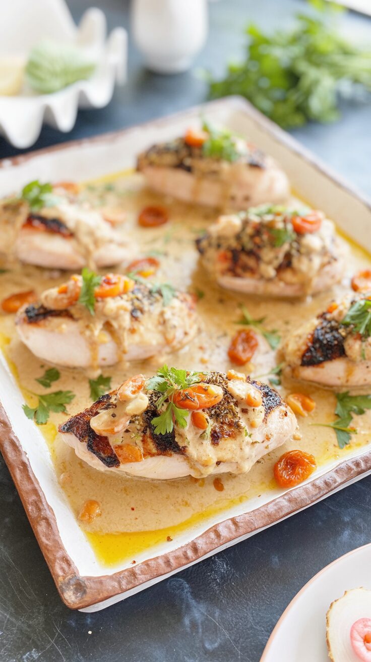 This savory chicken with dried apricots features tender pieces of chicken cooked with sweet dried apricots, making it a delicious dinner.