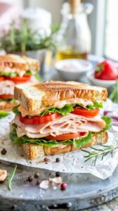The Classic Turkey Club Sandwich is a timeless favorite, featuring layers of Turkey, crispy bacon, lettuce, and tomato, stacked in bread.