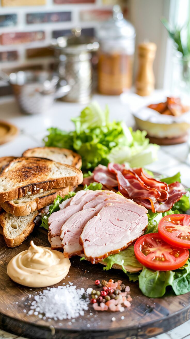 The Classic Turkey Club Sandwich is a timeless favorite, featuring layers of Turkey, crispy bacon, lettuce, and tomato, stacked in bread.