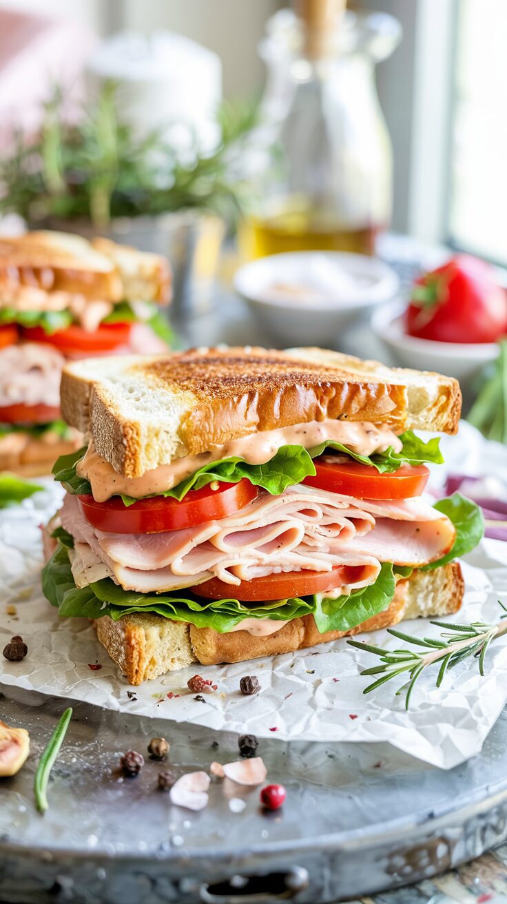 The Classic Turkey Club Sandwich is a timeless favorite, featuring layers of Turkey, crispy bacon, lettuce, and tomato, stacked in bread.