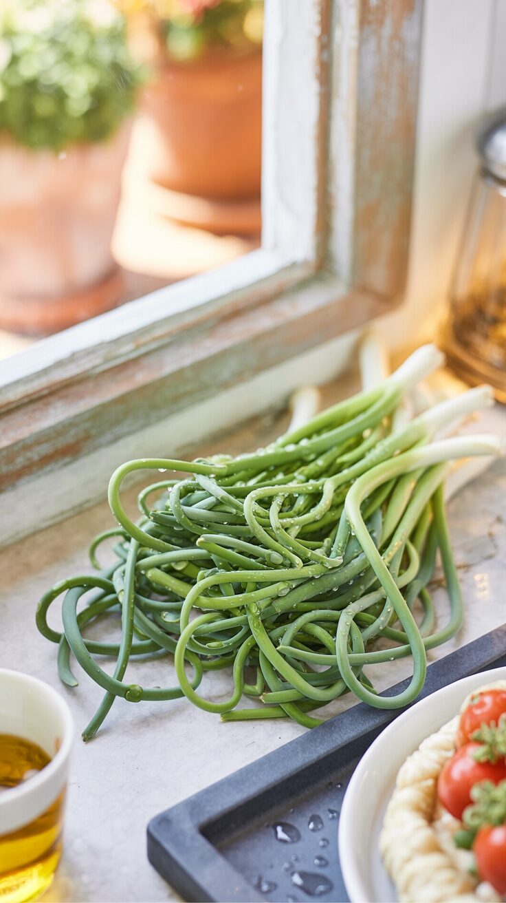 Garlic scape pesto can be served in various ways, but one of the most enjoyable methods is to toss it with freshly cooked pasta.