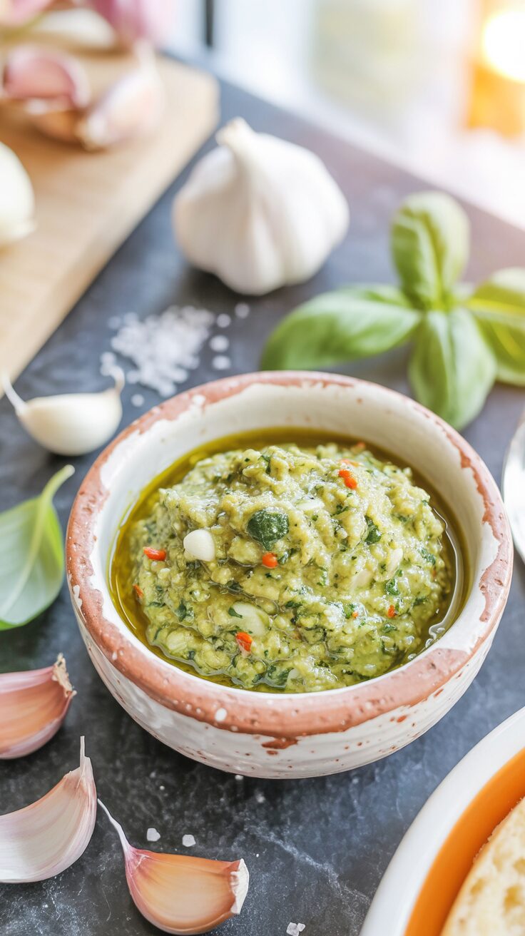 Garlic scape pesto can be served in various ways, but one of the most enjoyable methods is to toss it with freshly cooked pasta.