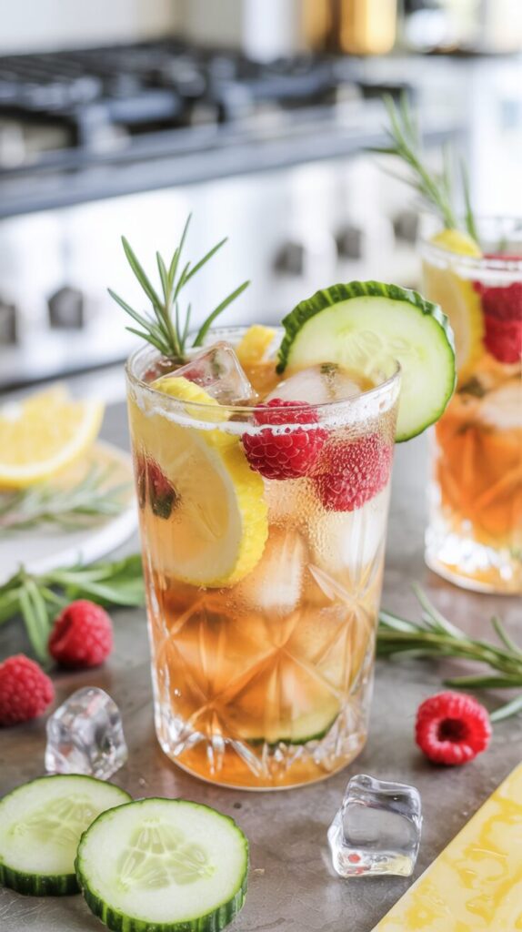 This iced tea lemonade vodka cocktail combines the flavors of iced tea, lemonade, and vodka, with fresh raspberries, cucumber, and rosemary.