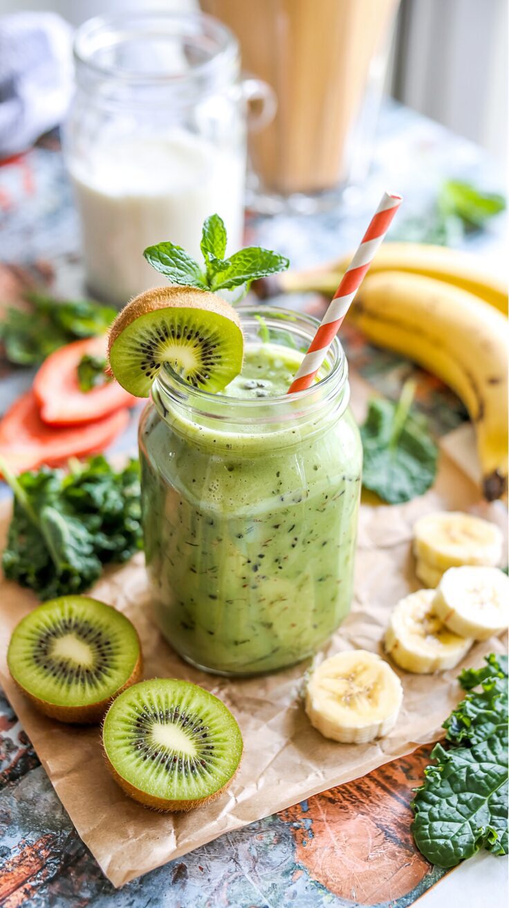 This kiwi smoothie is a simple and nutritious option for breakfast or a refreshing snack, combining the vibrant flavors of kiwi and banana.